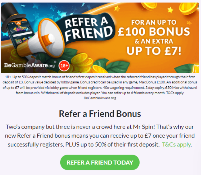 Refer A Friend Bonuses MrSpin Casino Games