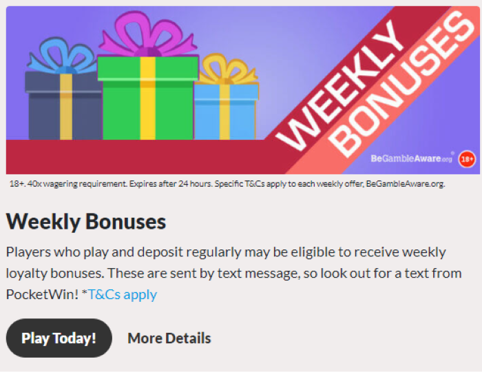 Weekly Bonuses PocketWin Games and Bonuses
