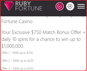 Ruby Fortune Casino Exlusive !0 Daily Free Spins win $100000